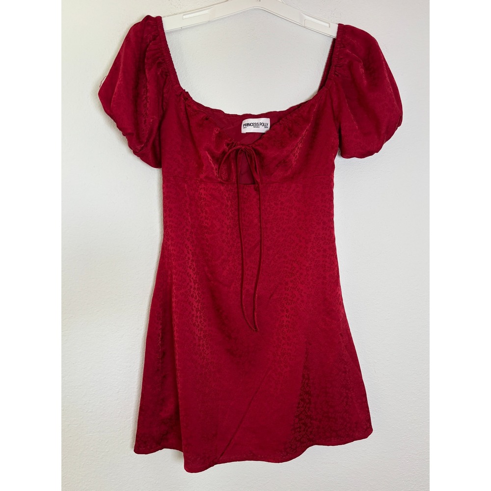 Princess Polly Red Floral Jacquard Puff Sleeve Mini Dress Size 4 Sweetheart Tie